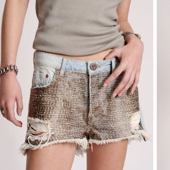 One Teaspoon Le Wolves Mid Waist Mid Length Denim Shorts 28 - Picture 1 of 13